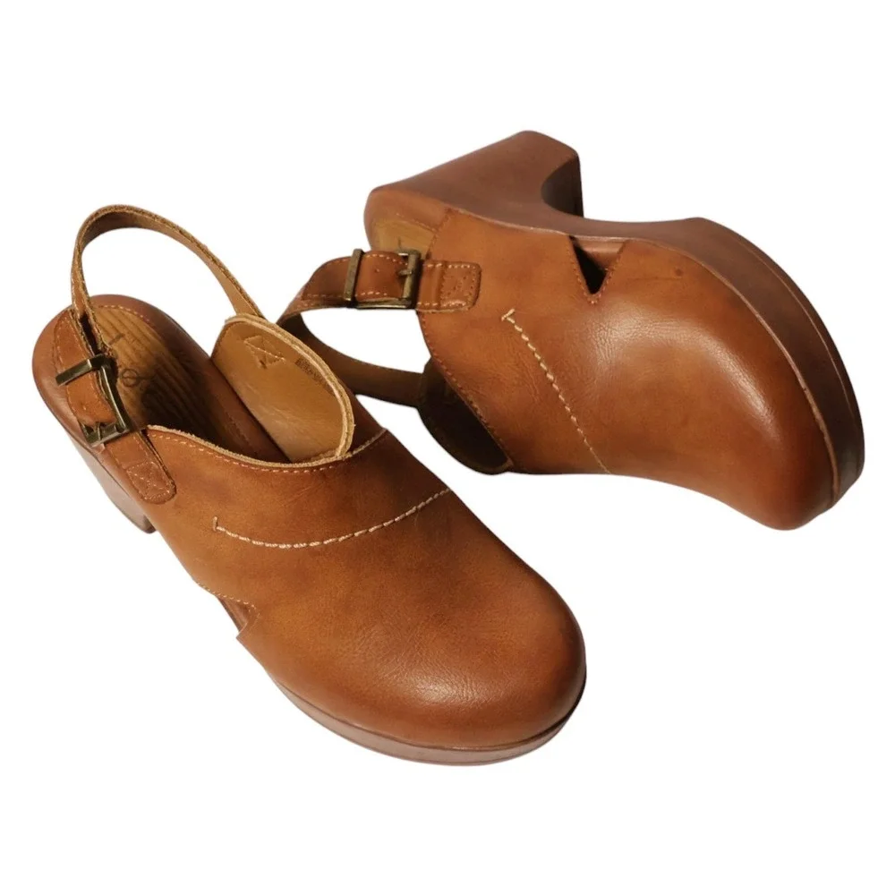 B.O.C. Tan Cognac Faux Leather Slingback Platform Clog Heels Size 7